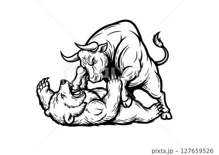 Bull fights bear fiercely in dramatic black and white style, symbolizing financial market conflict with aggressive power and dynamic motion. 127659526
