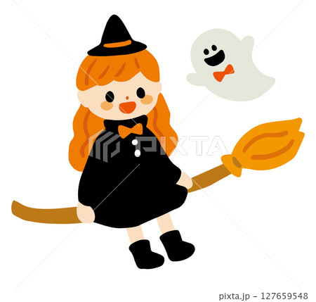 箒に乗った魔女とおばけのかわいいイラスト 127659548