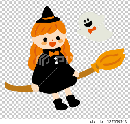 箒に乗った魔女とおばけのかわいいイラスト 127659548