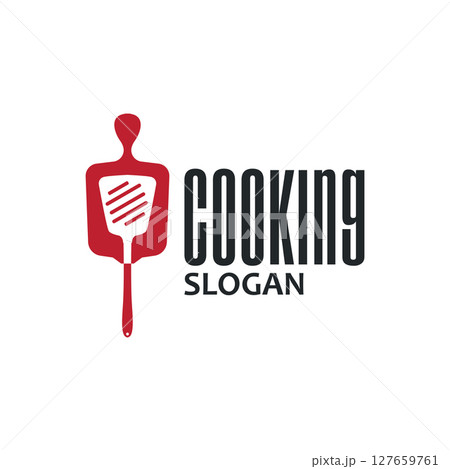 simple elegant silhouette concept design of cooking logo with chef hat icon, and cooking equipment silhouette symbol for restaurant, bar, cafe, catering business, template illustration for poster or 127659761