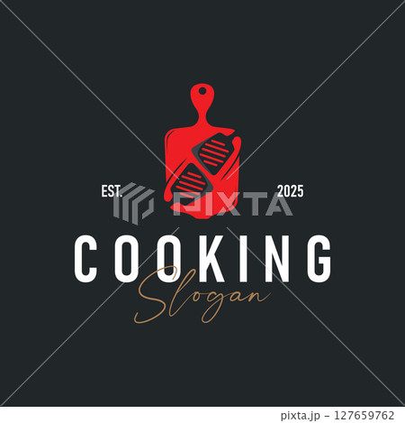 simple elegant silhouette concept design of cooking logo with chef hat icon, and cooking equipment silhouette symbol for restaurant, bar, cafe, catering business, template illustration for poster or simple elegant silhouette concept design of cooking logo with chef hat icon, and cooking equipment silhouette symbol for restaurant, bar, cafe, catering business, template illustration for poster or 127659762