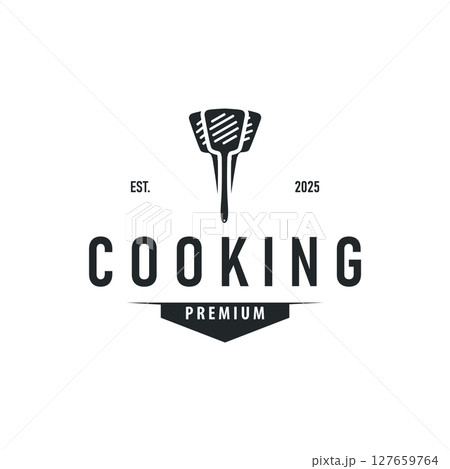 simple elegant silhouette concept design of cooking logo with chef hat icon, and cooking equipment silhouette symbol for restaurant, bar, cafe, catering business, template illustration for poster or 127659764