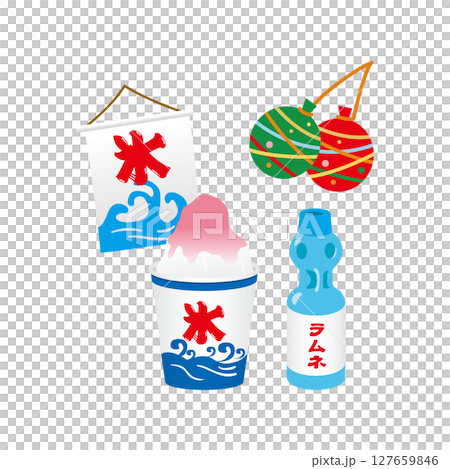 刨冰、彈珠汽水、悠悠球釣魚插畫 刨冰、彈珠汽水、悠悠球釣魚插畫 127659846
