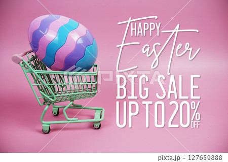 Easter Sale 20% promotion with Easter Egg and  trolley shopping cart decorations concept on pink background 127659888
