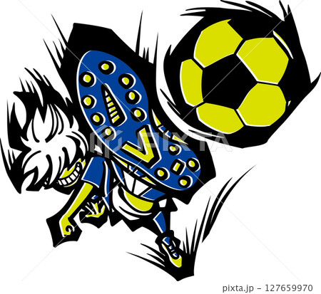 サッカーイラスト<少年・子供・黄色&青・笑う・シュート・カッコいい> サッカーイラスト<少年・子供・黄色&青・笑う・シュート・カッコいい> 127659970