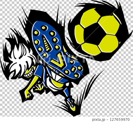 サッカーイラスト<少年・子供・黄色&青・笑う・シュート・カッコいい> サッカーイラスト<少年・子供・黄色&青・笑う・シュート・カッコいい> 127659970