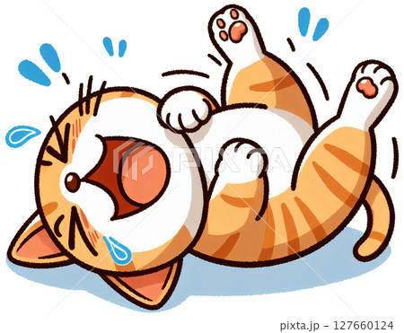 A cat rolling on the floor laughing with tears in its eyes, Japanese silly cartoon style 127660124