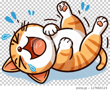 A cat rolling on the floor laughing with tears in its eyes, Japanese silly cartoon style 127660124
