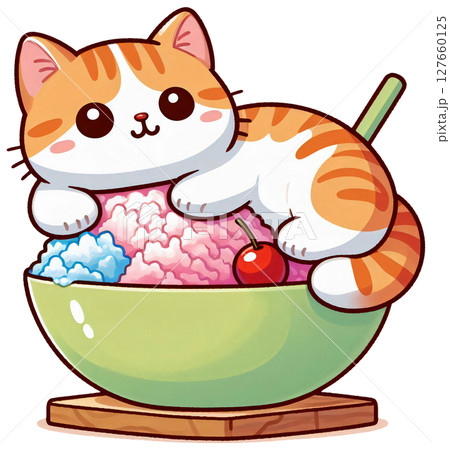 A cat resting on top of a bowl of shaved ice, cute summer vibe 127660125