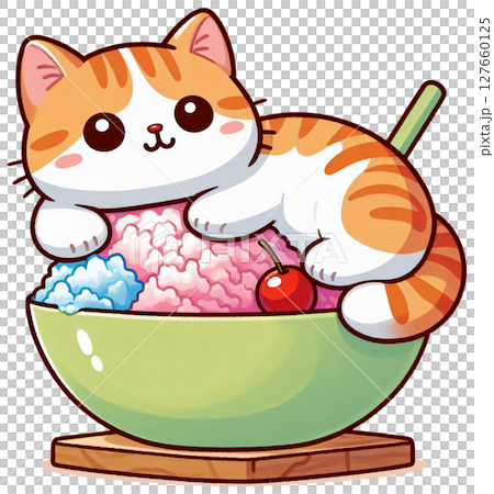 A cat resting on top of a bowl of shaved ice, cute summer vibe 127660125
