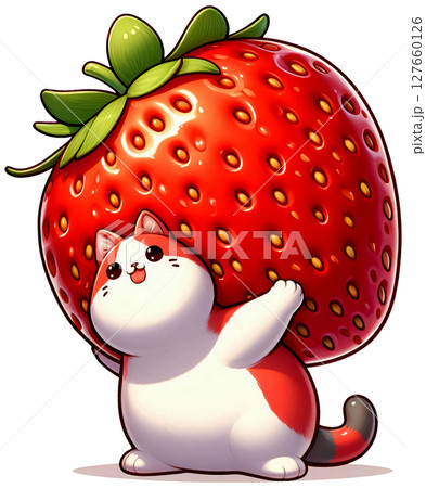 A cat playing with a giant strawberry like a ball, Japanese fruit-themed cartoon style 127660126