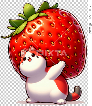 A cat playing with a giant strawberry like a ball, Japanese fruit-themed cartoon style 127660126