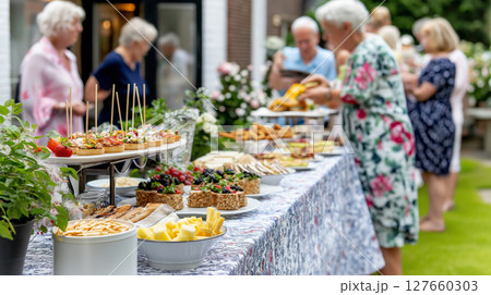 Elderly caucasian group enjoying outdoor buffet with fresh food and desserts 127660303