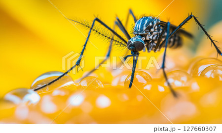 Macro image of mosquito feeding on yellow surface with water droplets 127660307