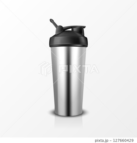 Vector 3d Realistic Steel Shaker Bottle Mockup. Realistic Protein Shaker Bottle for Branding and Custom Design. Sport Shaker Bottle Vector Illustration for Supplement, Fitness, Gym, Logo, Print 127660429