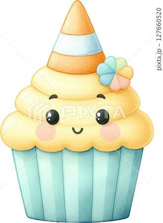 Whimsical and cheerful cupcake with a layered design pastel colors and festive for a birthday 127660520