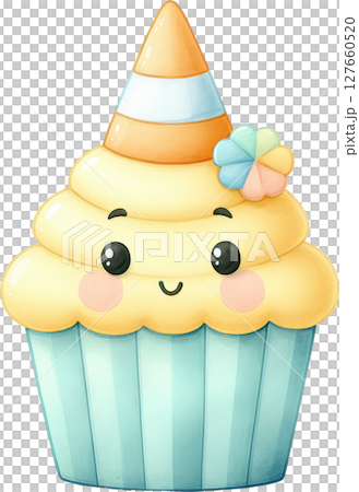 Whimsical and cheerful cupcake with a layered design pastel colors and festive for a birthday 127660520