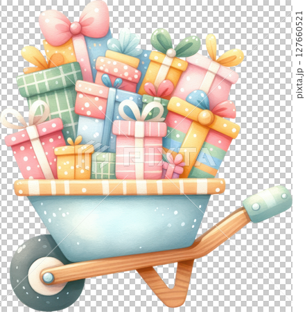 Colorful birthday gifts delivered in a wheelbarrow 127660521