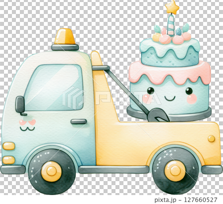 Colorful construction tow truck with birthday cake 127660527