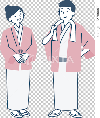 旅館の浴衣と羽織を着た女性と男性 127660611