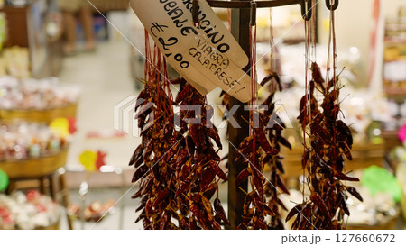 Hanging Dried Red Chili Peppers in Tropea, Calabria, Italy 127660672