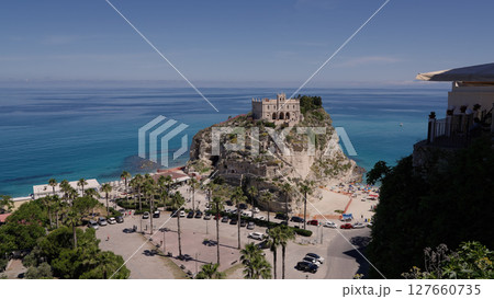 Sanctuary of Santa Maria dell Isola overlooking Tropea beach, Calabria, Italy 127660735