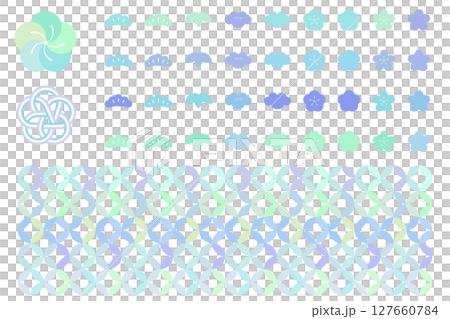 A set of Japanese-style illustrations with a refreshing summer theme: Pine, bamboo, plum, and Shippo patterns 127660784