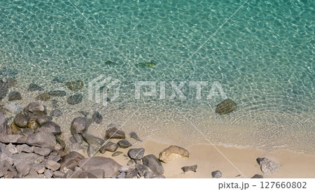 Crystal clear turquoise water gently washing sandy shore in Tropea, Italy Crystal clear turquoise water gently washing sandy shore in Tropea, Italy 127660802