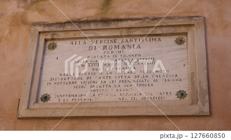 Commemorative plaque dedicated to the Virgin of Romania in Tropea, Italy Commemorative plaque dedicated to the Virgin of Romania in Tropea, Italy 127660850