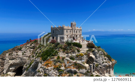 Sanctuary of Santa Maria dell'Isola dominating Tropea Coastline in Calabria, Italy 127660911