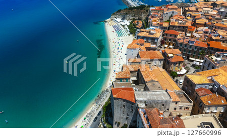Tropea, Calabria, aerial view of colorful beach and old town on Tyrrhenian coast 127660996