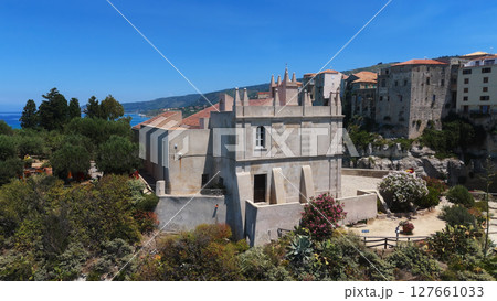 Santa Maria dell'Isola church overlooking Tropea and Tyrrhenian Sea in Calabria, Italy 127661033