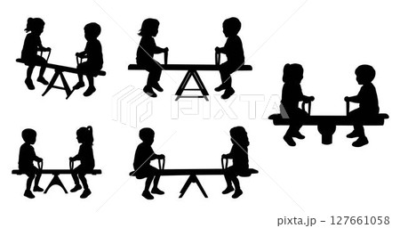 Kids playing seesaw silhouette, Little boy and girl swinging seesaw, happy, kids Kids playing seesaw silhouette, Little boy and girl swinging seesaw, happy, kids 127661058