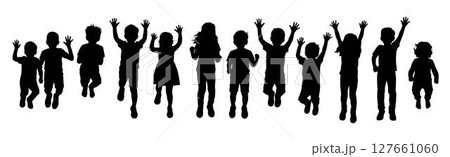 Happy kids jumping silhouette, active child jumping, cheerful kids playing Happy kids jumping silhouette, active child jumping, cheerful kids playing 127661060