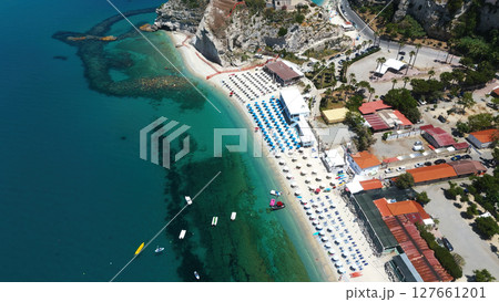 Aerial view of Tropea beach, Calabria, showing crystal clear turquoise water and Isola Bella Aerial view of Tropea beach, Calabria, showing crystal clear turquoise water and Isola Bella 127661201