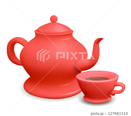Vector 3d illustration red porcelain teapot with cup on isolated from background. Realistic image of kitchenware. Kettle and cup 127661318