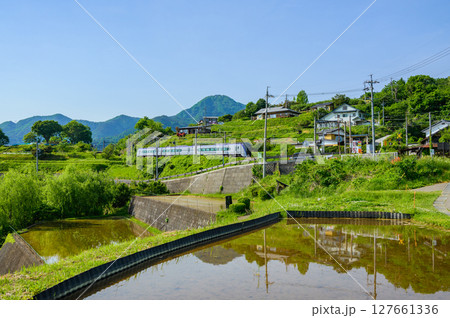 姨捨の棚田と篠ノ井線を走る特急“信州”【千曲市】 姨捨の棚田と篠ノ井線を走る特急“信州”【千曲市】 127661336