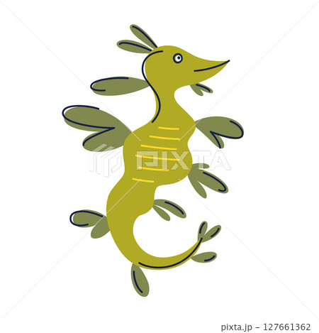 Flat cartoon vector illustration of leafy sea dragon in kids style. Exotic marine creature with leaf like fins for ocean childrens designs, seahorse character for education, nature concepts 127661362