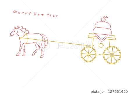 正月素材：馬が鏡餅を馬車でひくシンプルでおしゃれな年賀状素材（午年） 127661490