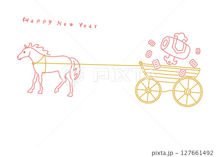 午年の年賀状素材　馬が小槌と小判をひく馬車のイラスト 127661492