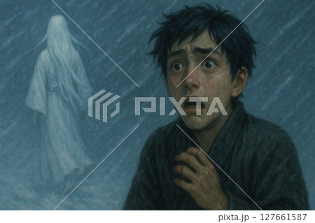恐怖に震える少年と静かに立ち去る雪女 127661587