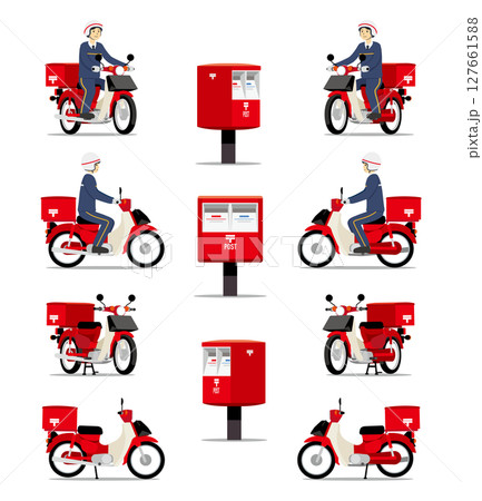 郵便配達のオートバイいろいろと郵便ポストのセット 127661588