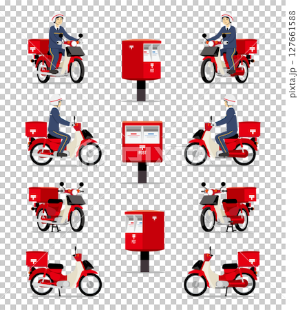 郵便配達のオートバイいろいろと郵便ポストのセット 127661588
