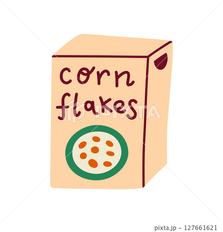 Flat cartoon vector illustration of doodle corn flakes breakfast packaging. Fun colorful design for food labels, kids cereal boxes, morning meals, grocery branding, healthy eating t icon 127661621