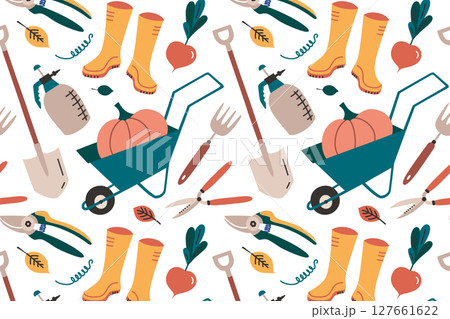 Flat cartoon vector illustration pattern with gardening tools and vegetables. Pumpkin in wheelbarrow, rubber boots, shovels and sprayers in seamless design for packaging, textile, eco and hobby themes 127661622