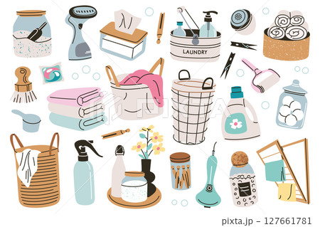 Flat cartoon vector illustration of home laundry and cleaning accessories. Baskets, detergents, fabric softeners set, drying racks and tools for housework, household care collection 127661781