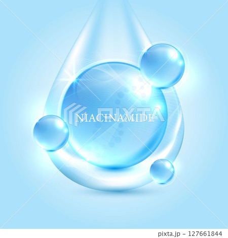 Bright blue serum drop with niacinamide molecule, glowing hydration bubbles, skincare essence concept, realistic cosmetic ad design, anti-aging beauty background for facial treatment products. Bright blue serum drop with niacinamide molecule, glowing hydration bubbles, skincare essence concept, realistic cosmetic ad design, anti-aging beauty background for facial treatment products. 127661844