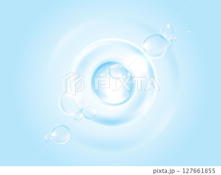 Realistic transparent soap bubbles with light reflections on a soft blue background. Perfect for skincare, cleaning, cosmetic, or freshness concepts in advertising and design. 127661855