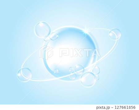 Realistic transparent soap bubbles with light reflections on a soft blue background. Perfect for skincare, cleaning, cosmetic, or freshness concepts in advertising and design. 127661856
