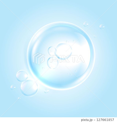 Realistic transparent soap bubbles with light reflections on a soft blue background. Perfect for skincare, cleaning, cosmetic, or freshness concepts in advertising and design. 127661857